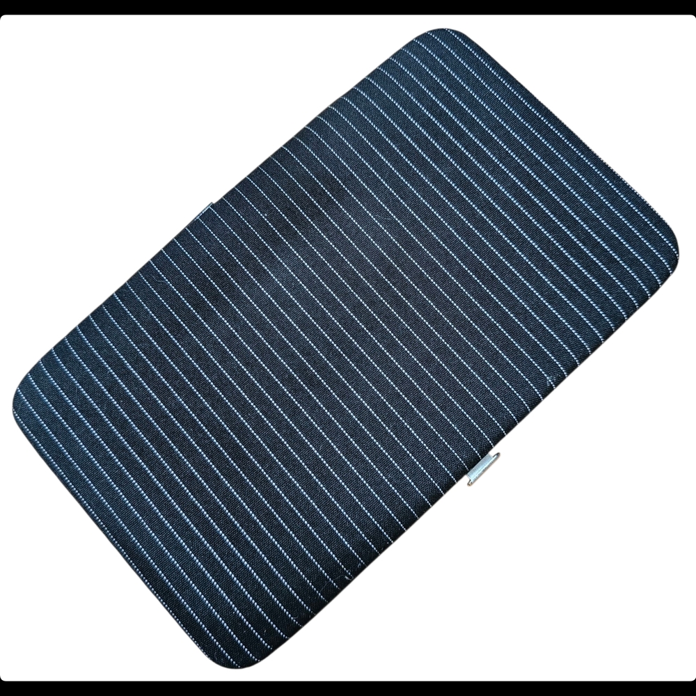Elegant Black Clip Wallet with White Pinstripes